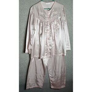 Vintage‎ Pink Shadowline Satin 2 Piece Pajamas Set Long Sleeve Shirt Pants 1X